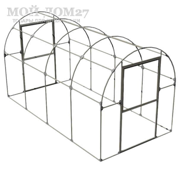 Каркас теплицы 2х4 Трубная Двушка | Мой-Дом27 | <b>Ширина - 2 метра</b>. Высота - 2,15 метра. Длина - 4 метра.<br>
 Выдерживаемая снеговая нагрузка - 100 кг/м2. Выдерживаемая ветровая нагрузка - до 22 м/с.<br>
 Оцинкованная профильная труба 20х20 мм<br>
 Расстояние между дугами 1 метр. <b>Толщина металла дуг 1,2 мм</b>. Ширина двери 0,96 метра.<br>